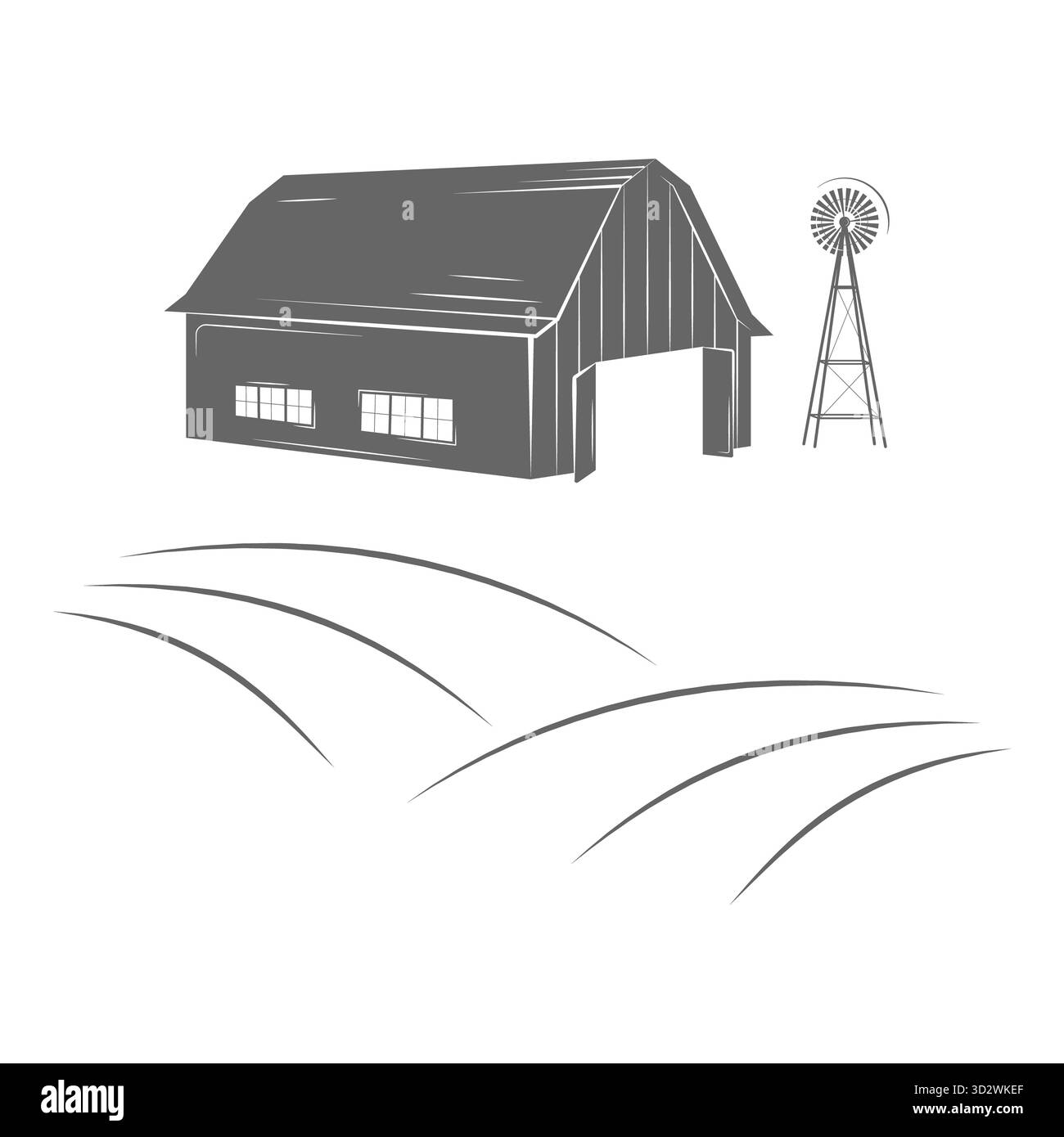 Illustration du jeu d'icônes bicolores pour l'agriculture. Contient des images de Grange, camion de ferme, tracteur, vache, poulet, agriculteur, oeufs, mains humaines, boîte de lait, constructions de ferme, tomates.. Point 4 Banque D'Images