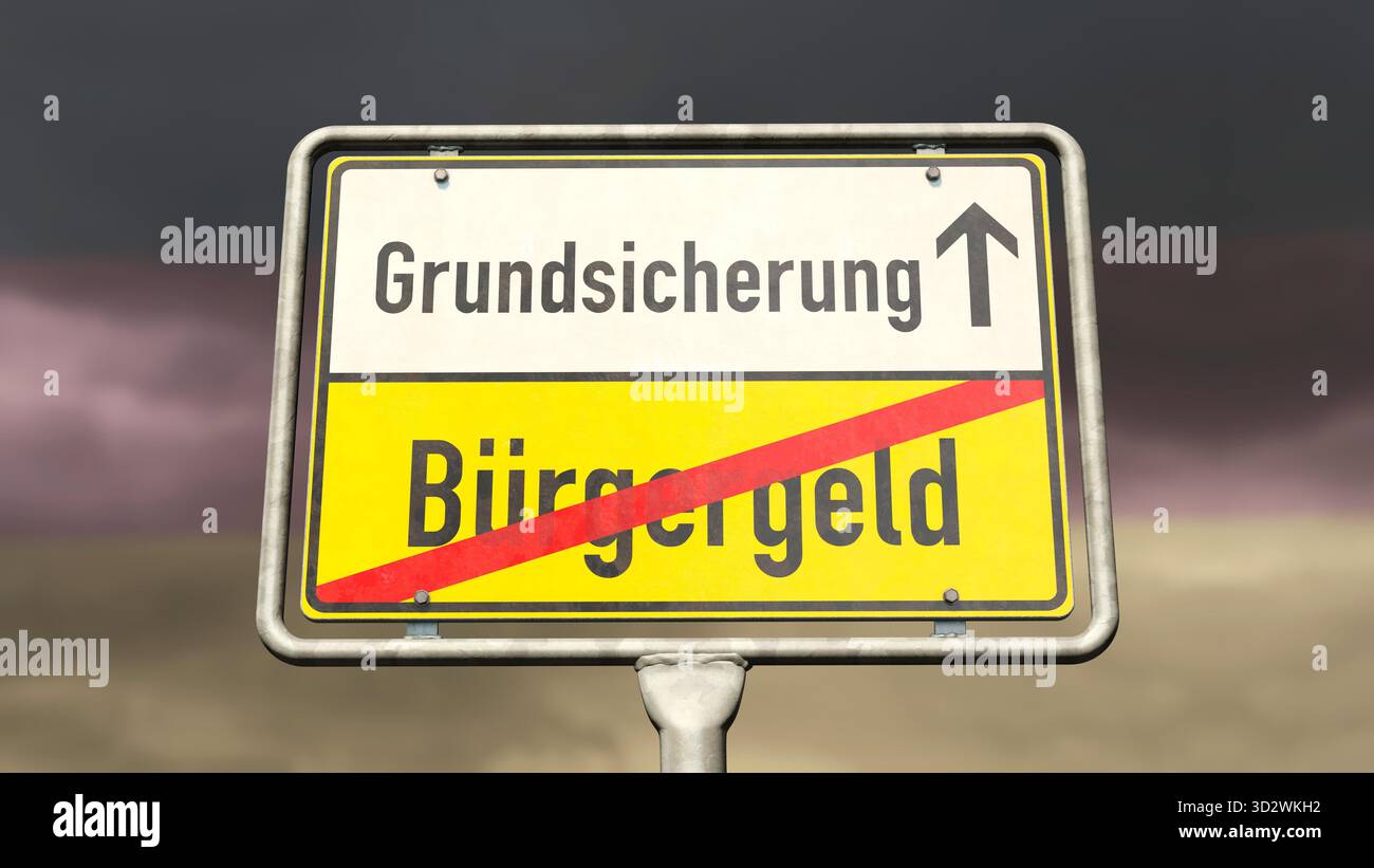 Panneau de ville avec les mots allemands Buergeld (revenu des citoyens) et Grundsicherung (revenu de base) Banque D'Images