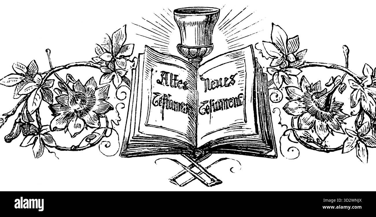 Image symbolique avec inscription au chapitre la prière du roi de Manassé Jude, ancien et Nouveau Testament, décoration florale, calice brillant, Bible, sien Banque D'Images