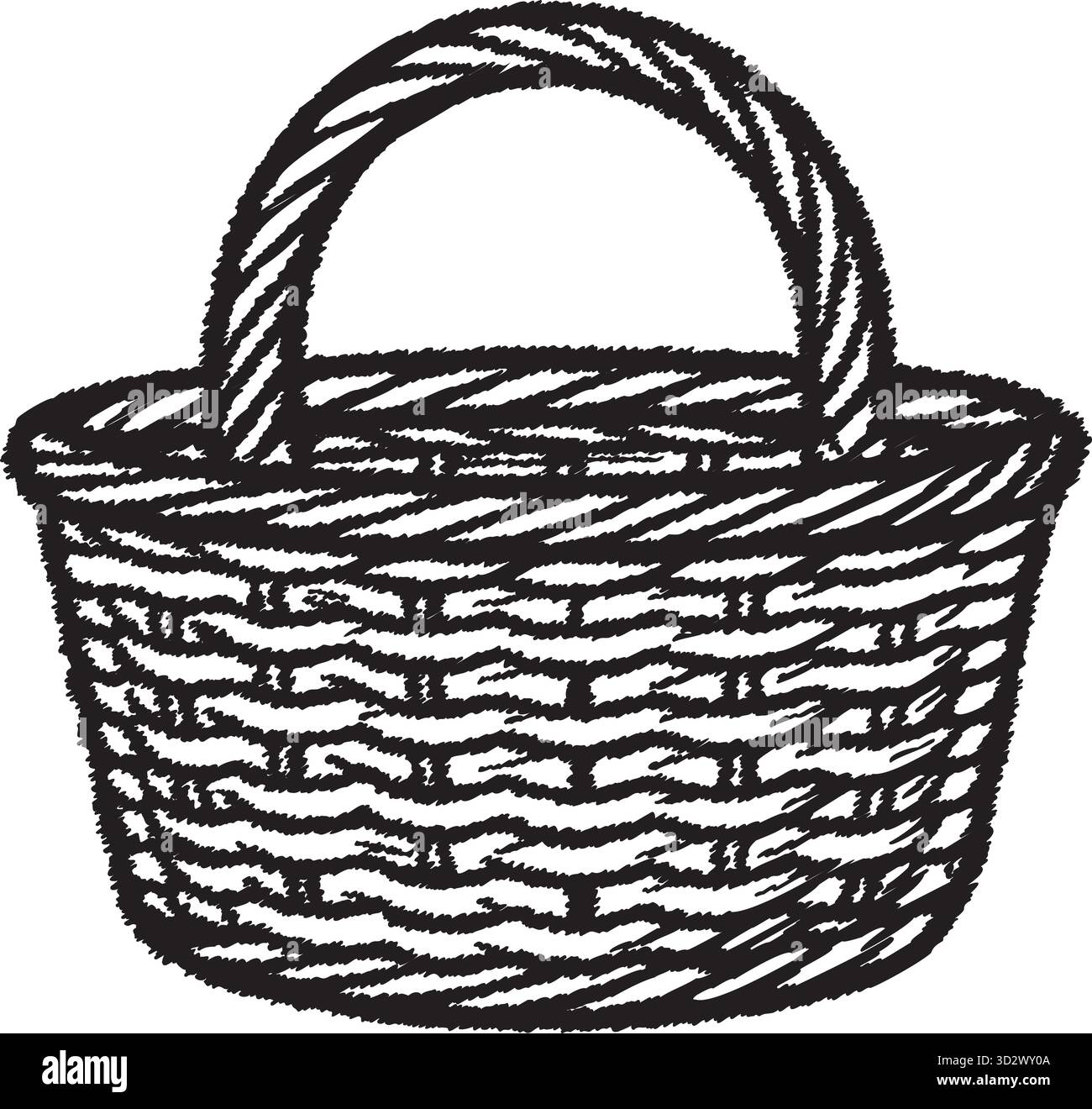Un panier en osier tissé avec une poignée ronde épaisse est représenté en traits gras pour le marché ou le pique-nique Illustration de Vecteur