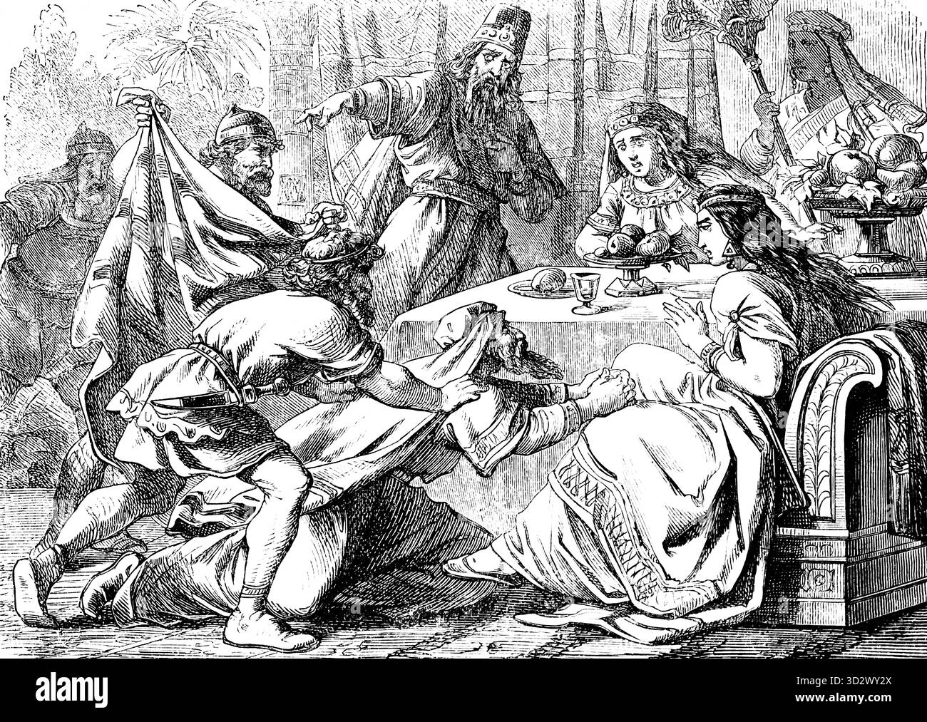 Haman se leva et demanda à la reine Esther sa vie, la colère du roi Assuérus, le Livre d'Esther, chapitre 7, table à manger, assise, agenouillée, Esther, Banque D'Images