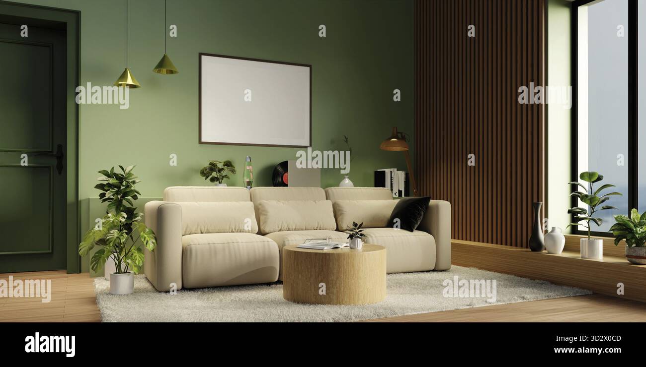 Un intérieur élégant mettant l'accent sur un design durable avec des plantes luxuriantes et des options de sièges confortables Banque D'Images