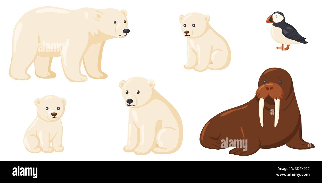 Illustration de dessin animé mignonne de divers animaux arctiques, y compris un ours polaire avec trois oursons, un grand morse avec des défenses, et un petit macareux. Parfait pour Illustration de Vecteur
