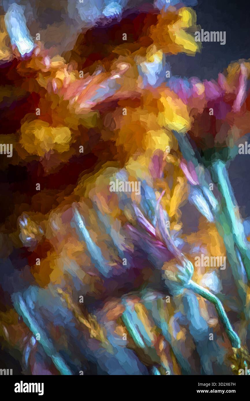 Une peinture abstraite rayonnante inspirée par l'essence des fleurs en fleurs, où des traits de jaune, magenta et bleu s'entrelacent dans une danse de lumière et de Banque D'Images