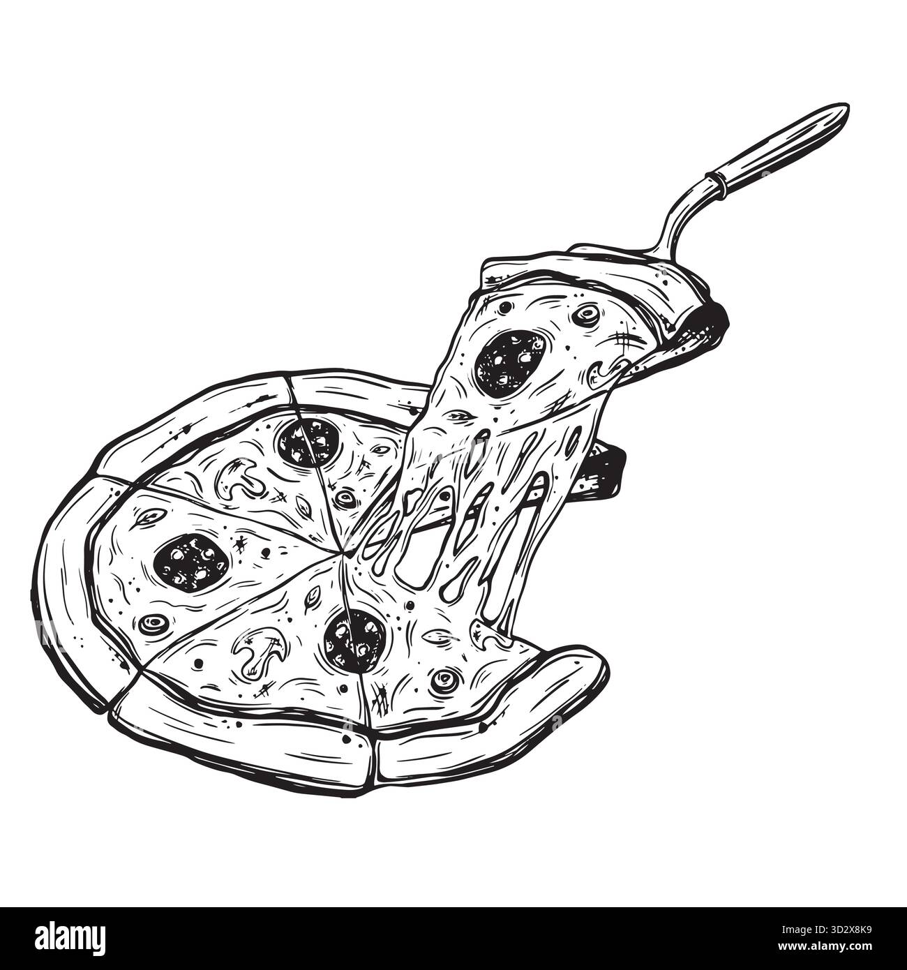 Croquis de pizza. Illustration vectorielle à l'encre dessinée à la main de la cuisine italienne, avec une pizza classique avec des garnitures. Éléments graphiques linéaires, restauration rapide Illustration de Vecteur
