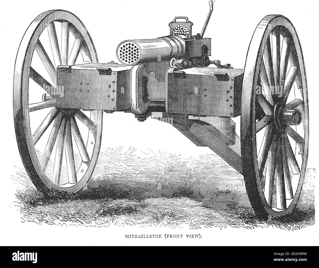 Vue de face d'une mitrailleuse, un type de canon de volée largement utilisé au combat par l'artillerie française pendant la guerre franco-prussienne Banque D'Images