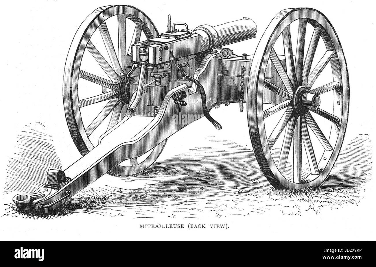 Vue arrière d'une mitrailleuse, un type de canon de volée largement utilisé au combat par l'artillerie française pendant la guerre franco-prussienne Banque D'Images