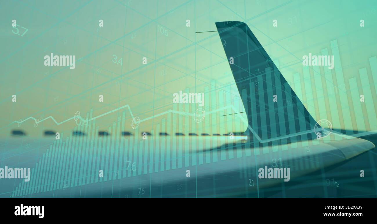 Affichage de l'empennage et de l'aile d'un avion via la fenêtre de la cabine superposant les données du marché, espace copie Banque D'Images