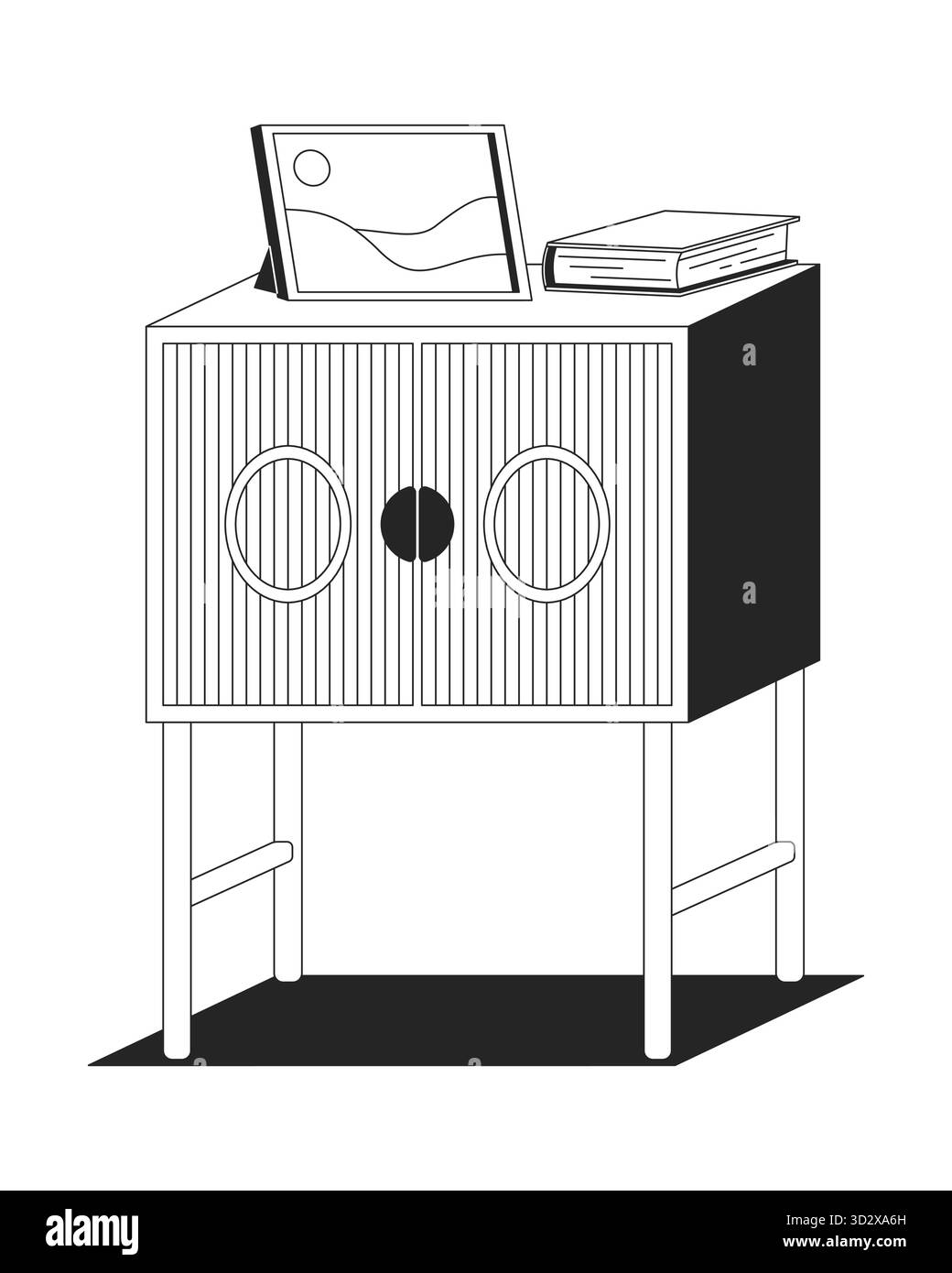 Table de chevet en bois élégante avec cadre photo et livre objet ligne 2D. Illustration de Vecteur