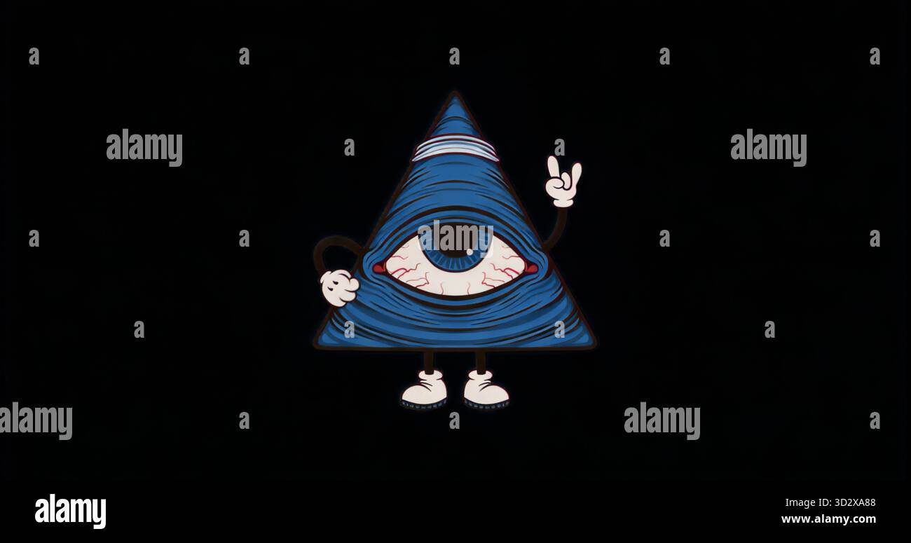 Figurine pyramidale triangulaire bleue stylisée se balançant avec un œil injecté de sang sur fond noir Banque D'Images