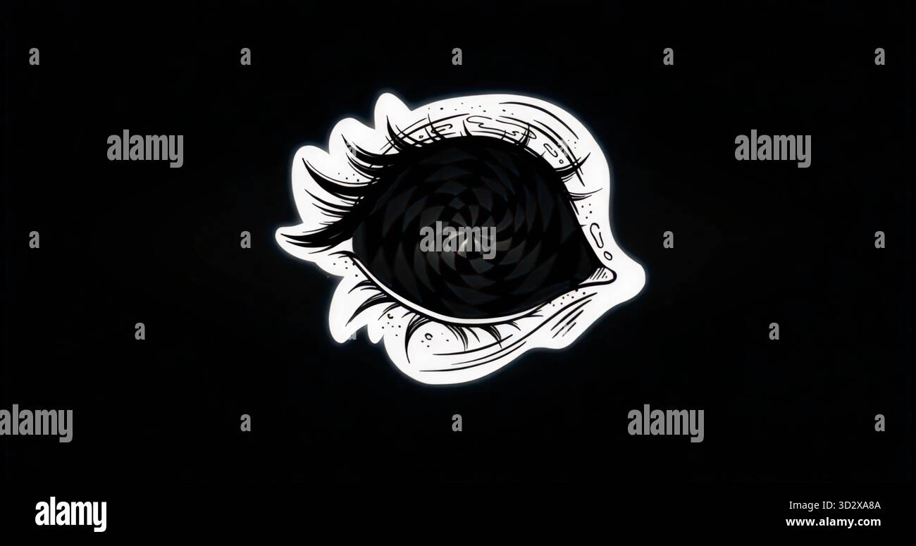 Motif oeil stylisé tourbillonnant avec pupille en spirale sur fond noir, avec extensions de cils Banque D'Images