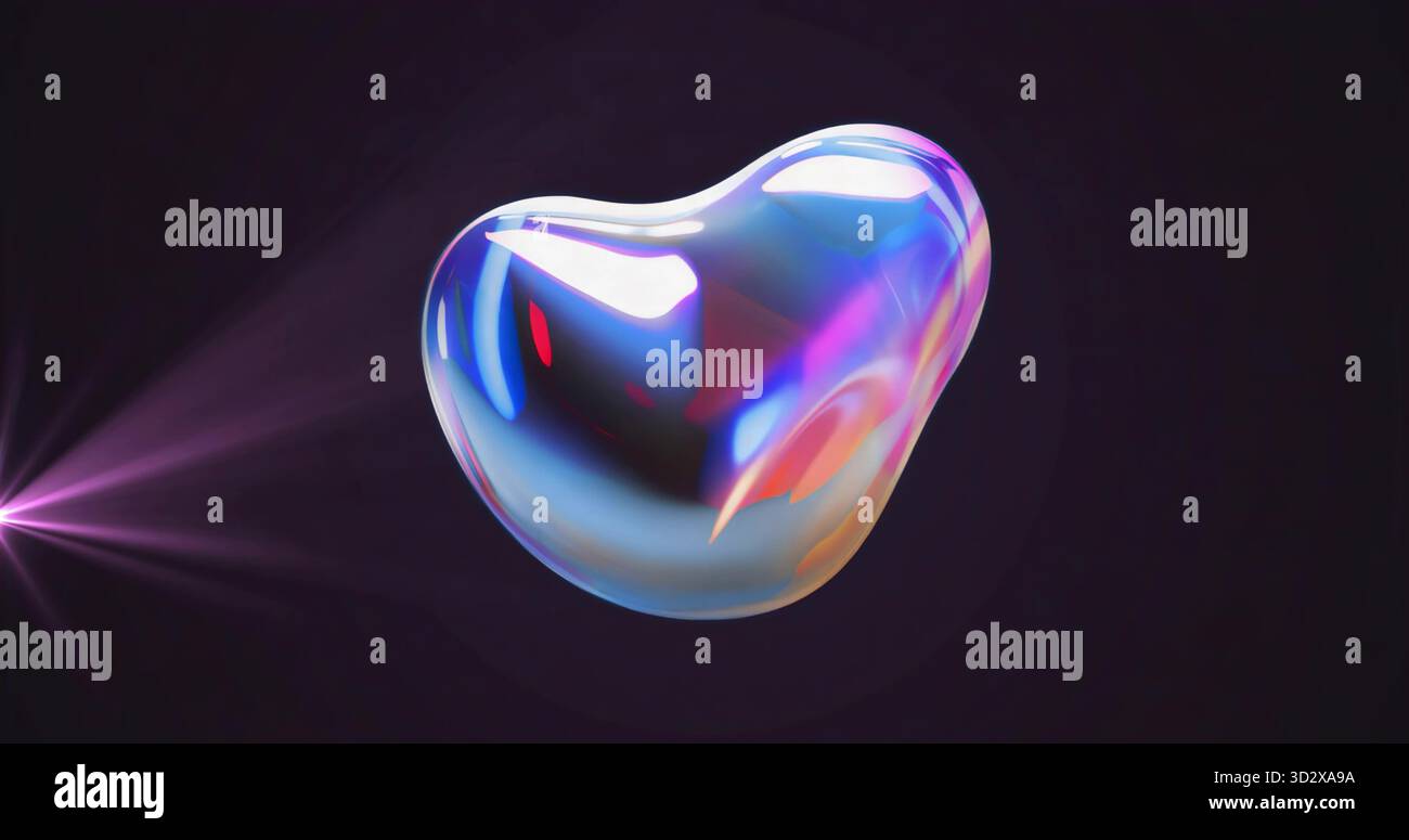 Bulle amorphe irisée flottante changeant les couleurs dans un studio numérique sombre, avec un faisceau lumineux violet Banque D'Images
