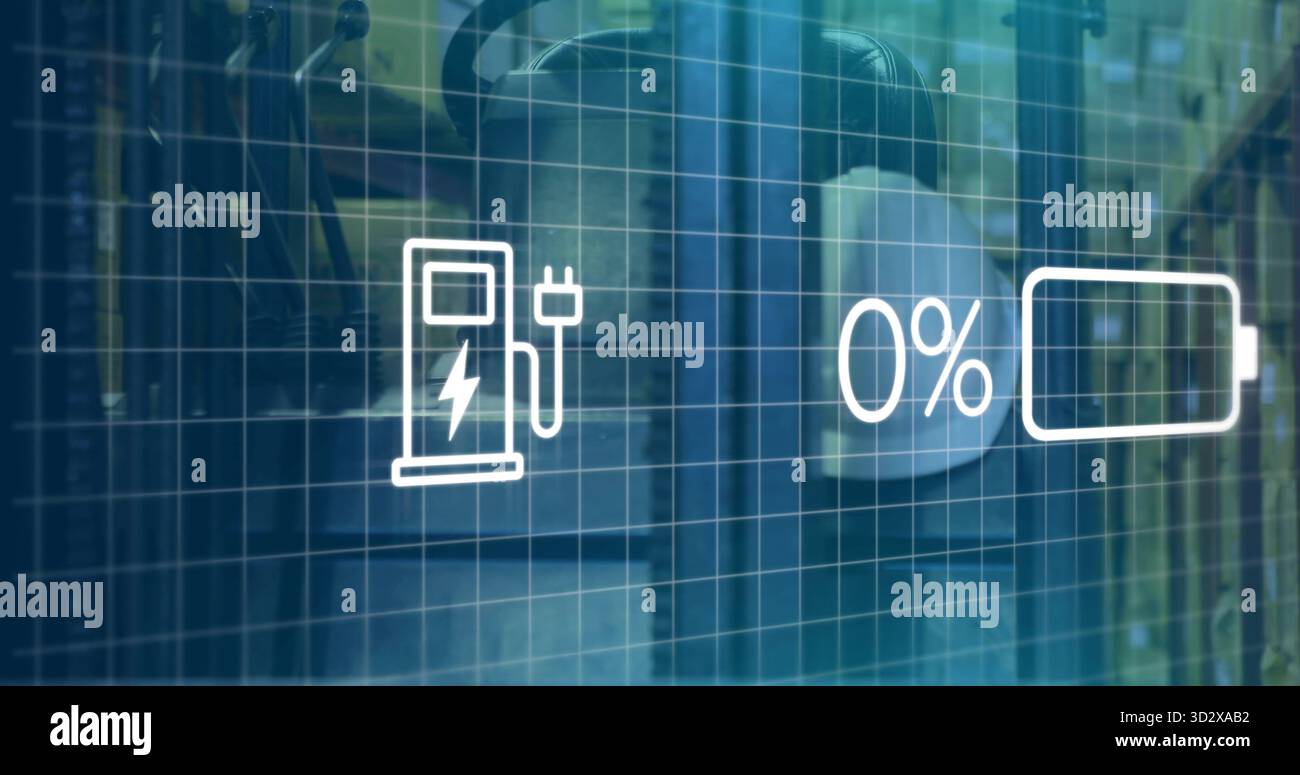 Affichage de l'icône de la pompe de charge, du texte à 0 % et de l'icône de la batterie sur la toile de fond de l'usine, avec superposition de grille bleue Banque D'Images