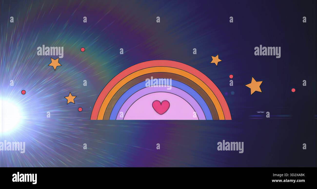 Affichage arc-en-ciel semi-circulaire avec coeur dans un fond de style cosmique, avec étoiles et lumière parasite Banque D'Images
