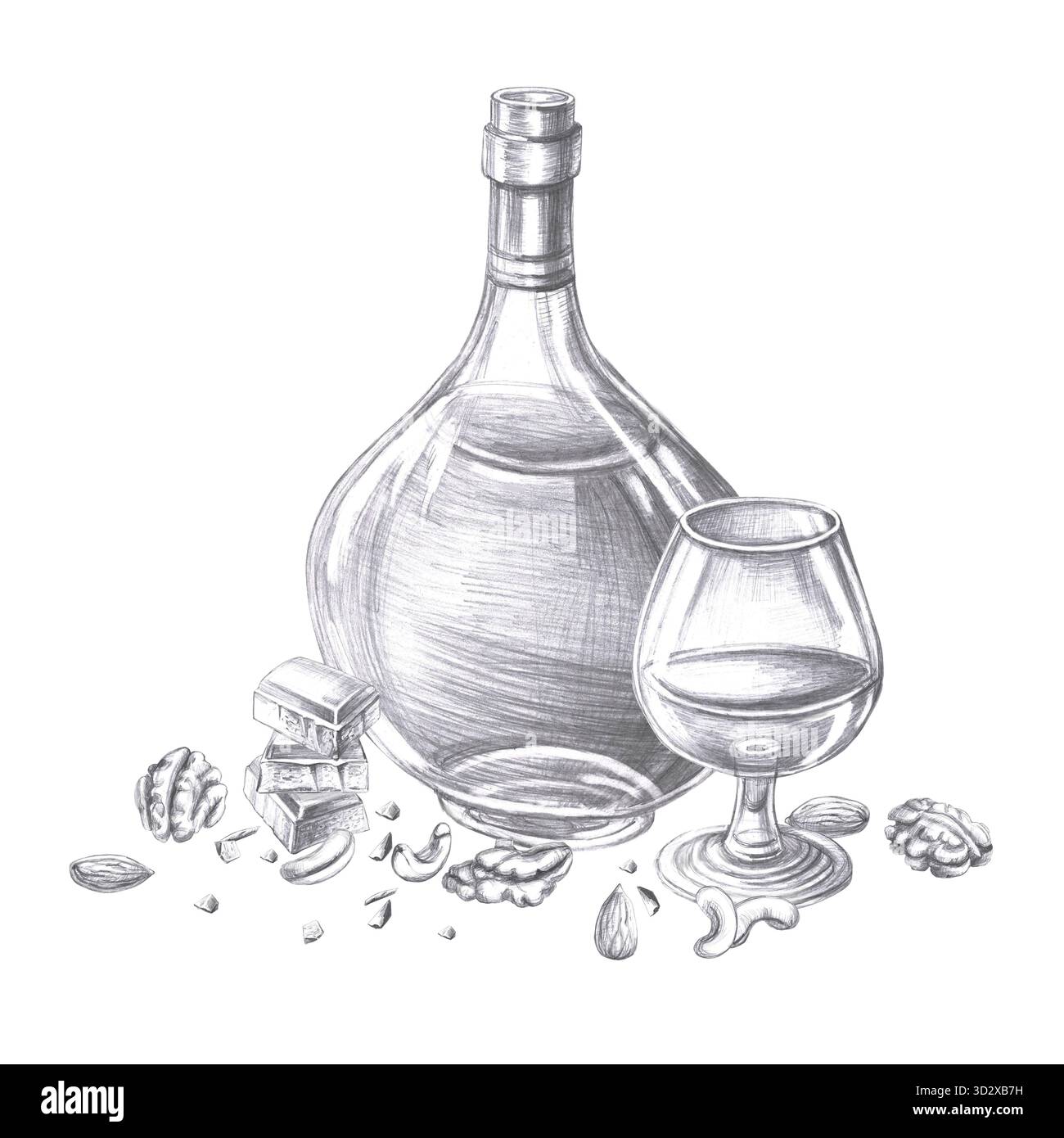 Bouteille de cognac, verre et noix. Illustration au crayon isolée sur le thème des boissons alcoolisées pour la conception de menu, livre de cuisine, magazines gastronomiques et f Banque D'Images