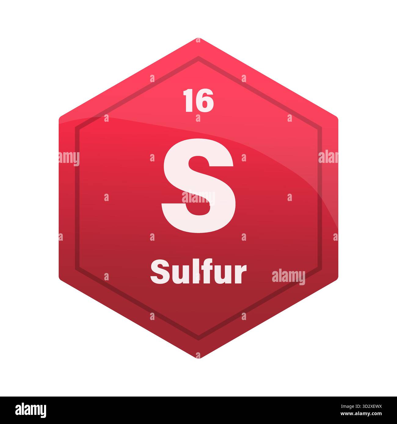 Carreau pour ELEMENTS chimiques soufrés. Numéro atomique 16. S signe chimique. Hexagone vecteur rouge profond. SPE 10. Illustration de Vecteur