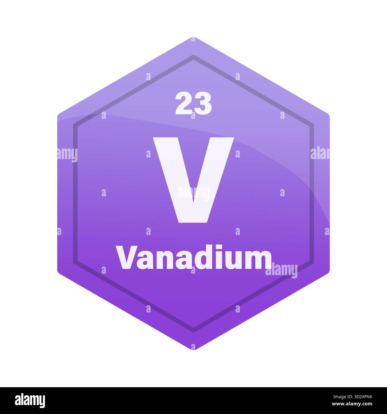 Carreau pour éléments chimiques au vanadium. Numéro atomique 23. V signe chimique. Violet violet violet vecteur hexagone. SPE 10. Illustration de Vecteur