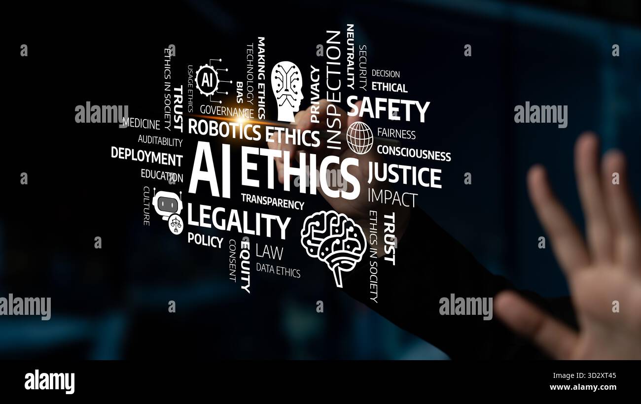 Cette image représente visuellement les principes clés de l’éthique de l’IA, en mettant l’accent sur la transparence, la sécurité, la justice et les cadres juridiques cruciaux pour Responsibl Banque D'Images