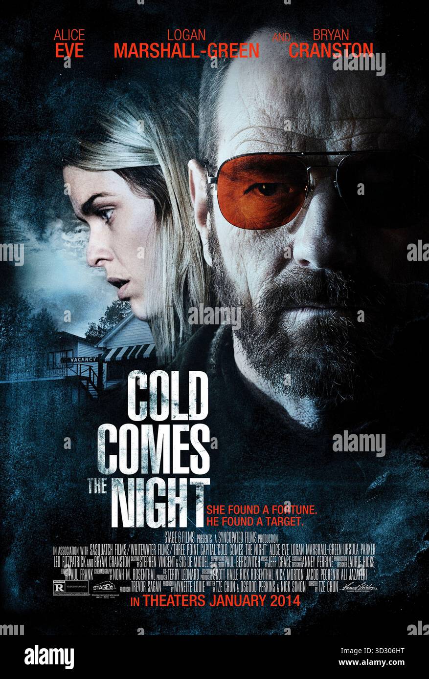 Cold Comes the Night (2013) réalisé par Tze Chun et mettant en vedette Alice Eve, Bryan Cranston et Logan Marshall-Green. Une propriétaire de motel et sa fille sont prises en otage par un criminel de carrière presque aveugle à la recherche de son argent volé. Affiche AMÉRICAINE À une feuille POUR USAGE ÉDITORIAL UNIQUEMENT. Crédit : BFA / Samuel Goldwyn films Banque D'Images