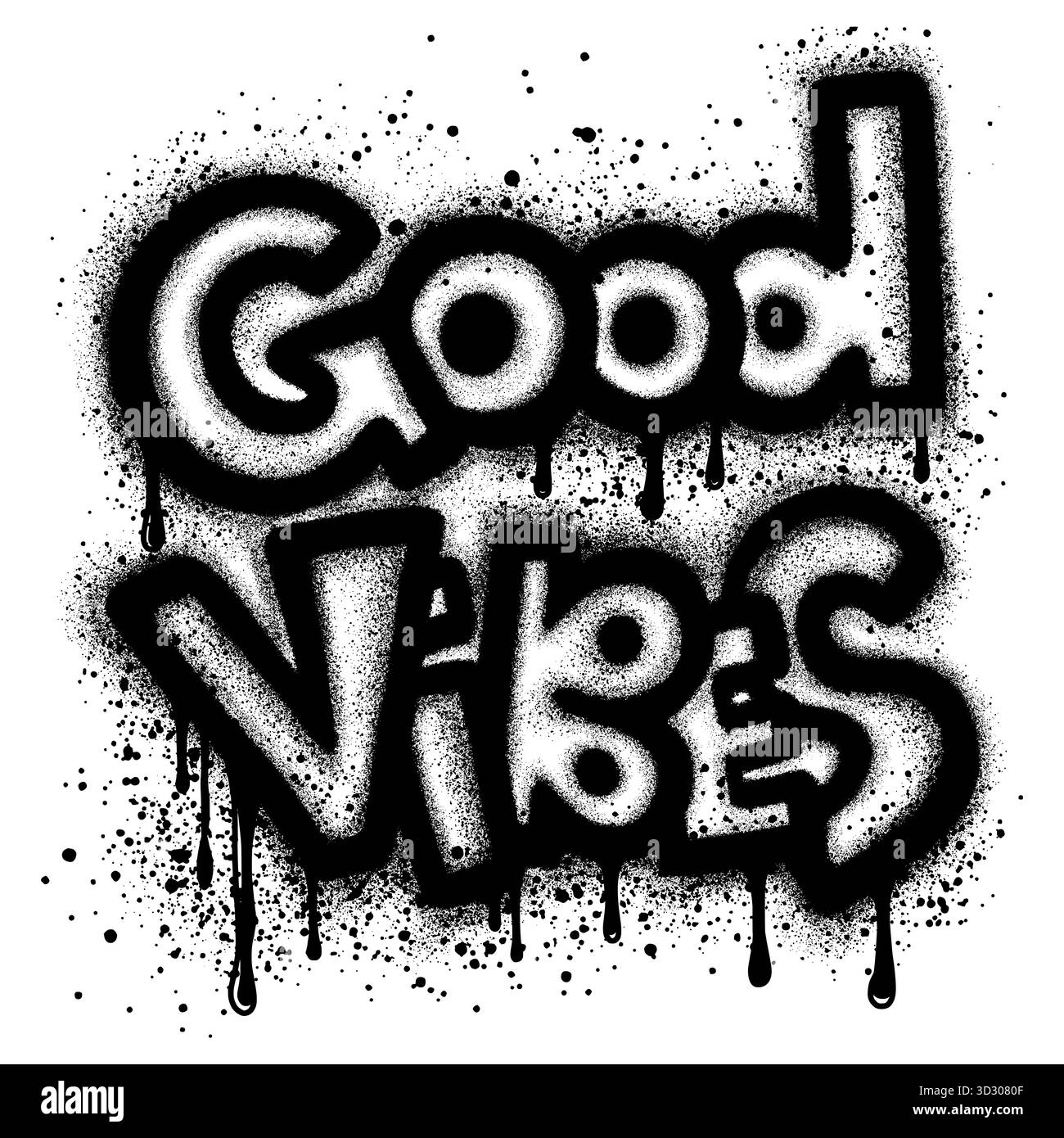 Graffiti Good Vibes texte pulvérisé en noir sur blanc.. Lettrage brut dessiné à la main. Illustration typographique vectorielle texturée. Illustration de Vecteur