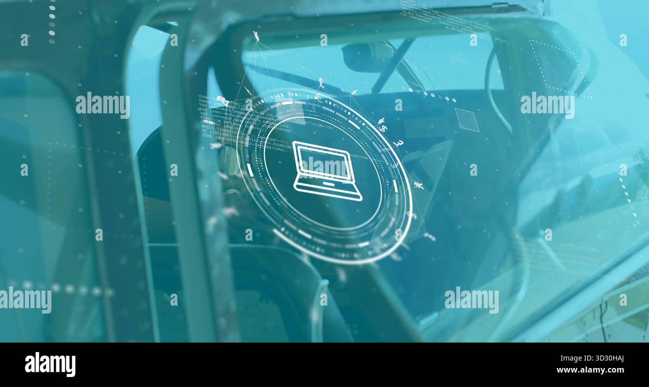 Affichage du HUD avec icône d'ordinateur portable à l'intérieur du cockpit de l'hélicoptère, mettant en évidence les commandes et le harnais de siège Banque D'Images