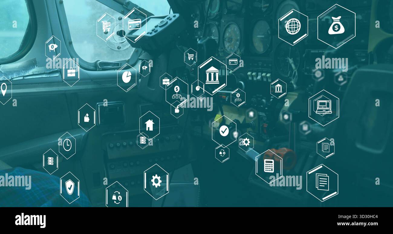 Montrant l'intérieur du cockpit de l'avion avec le joug de contrôle de vol et les icônes d'affaires flottantes, thème financier Banque D'Images