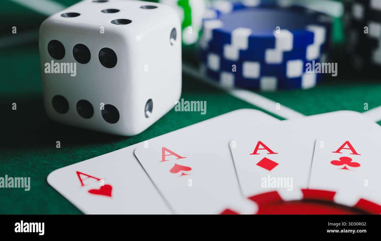 Main gagnante : trois as, dés et jetons de poker sur Green Casino table. rendu 3d. Banque D'Images