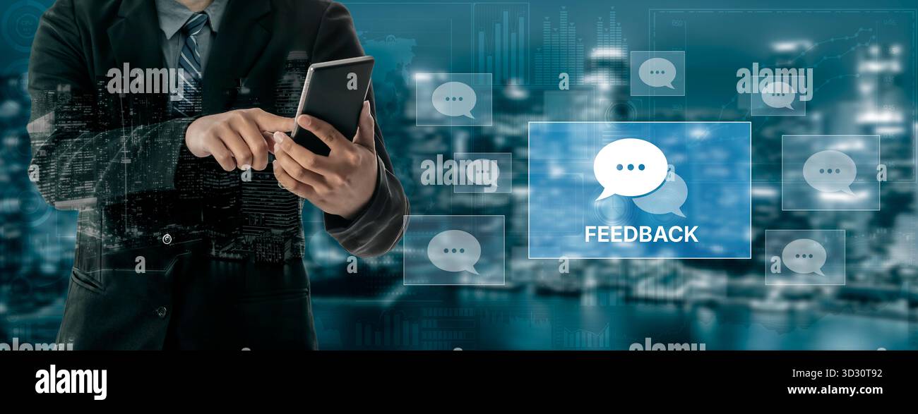 Système de rétroaction de clients ou d'équipes commerciales mettant en évidence les commentaires, opinions, évaluations, critiques et suggestions des utilisateurs pour améliorer les services, commu Banque D'Images