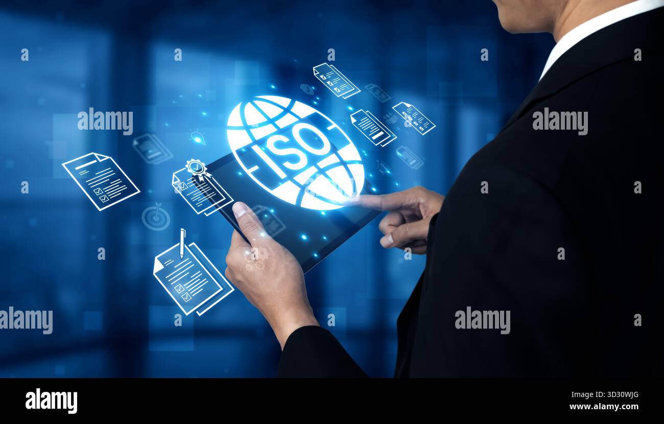 Concept de certification ISO pour la gestion de la qualité des entreprises. Cette norme internationale garantit la conformité, le contrôle des processus et l'assurance pour produ Banque D'Images