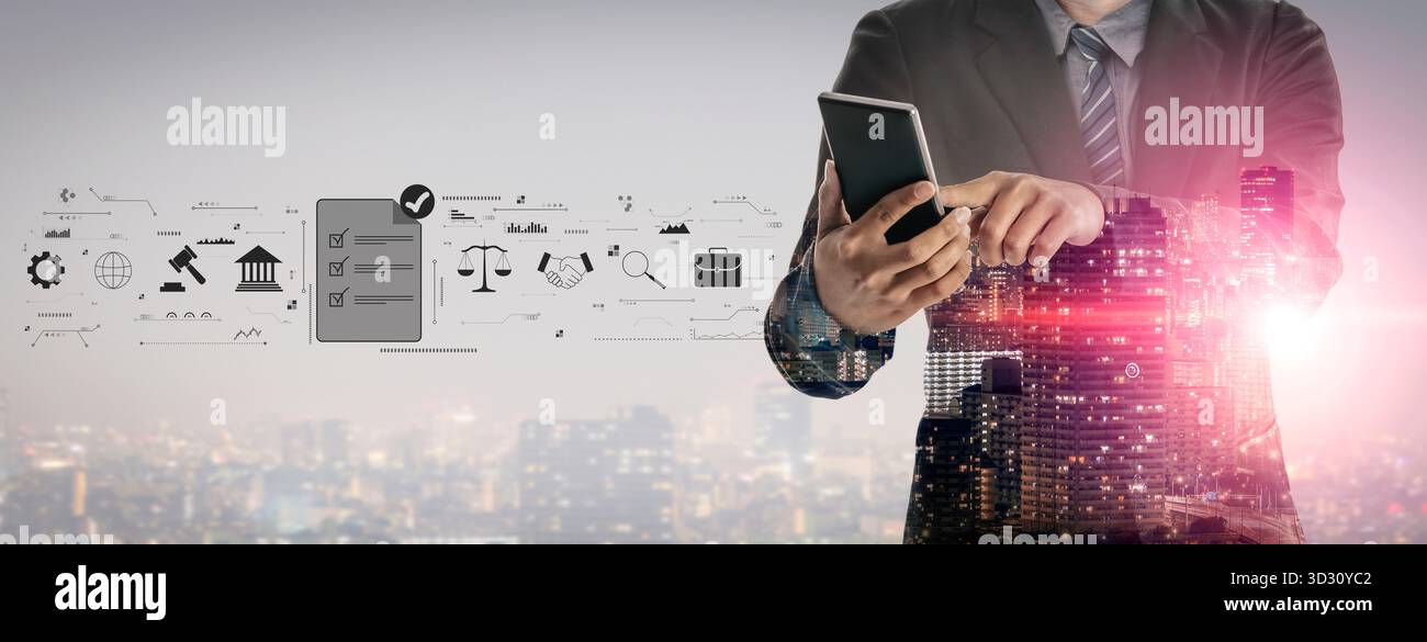 Processus visant à assurer la conformité réglementaire et à finaliser les accords juridiques commerciaux. Concept de respect des normes, de diligence raisonnable et de contrats. Banque D'Images