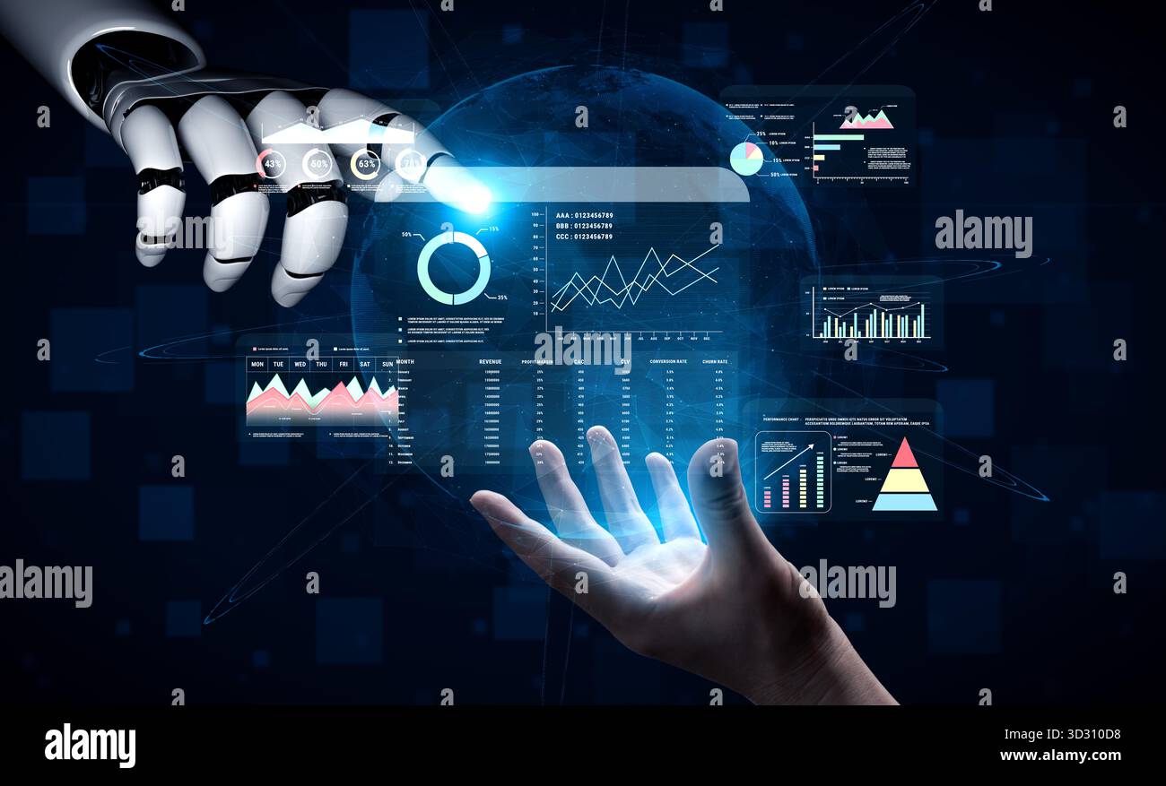 Un tableau de bord des indicateurs clés de performance financiers et marketing de l'IA pour l'analyse commerciale. Un rapport IA montrant les bénéfices, les revenus et les données de taux de conversion des clients. Motif Banque D'Images
