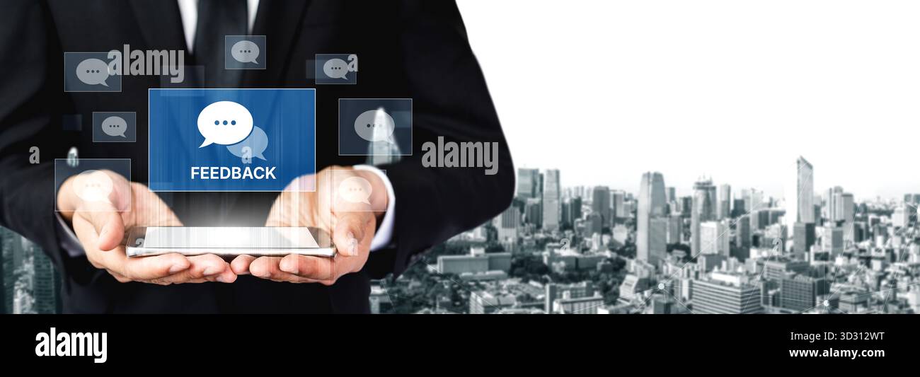 Système de rétroaction de clients ou d'équipes commerciales mettant en évidence les commentaires, opinions, évaluations, critiques et suggestions des utilisateurs pour améliorer les services, commu Banque D'Images