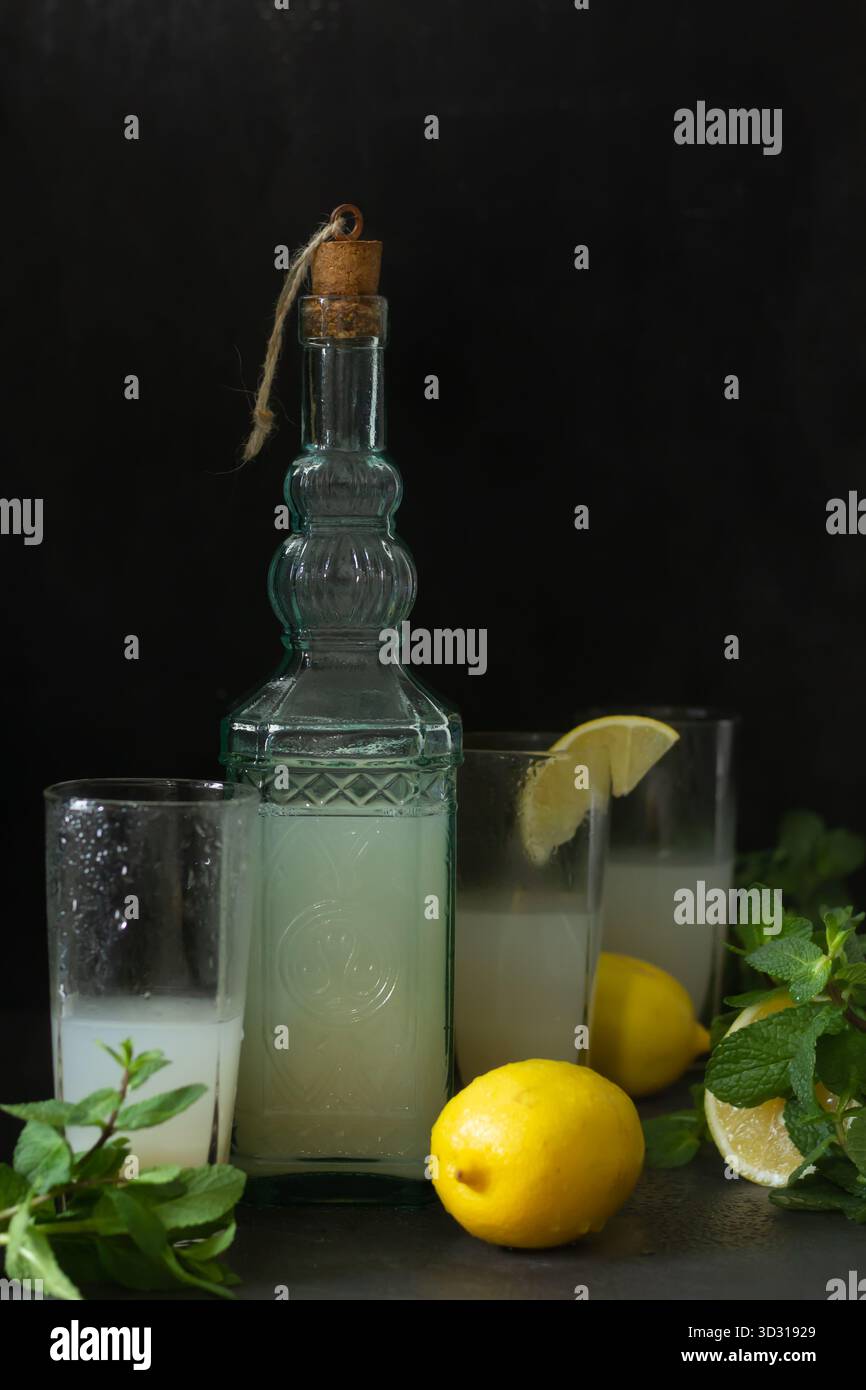 Deux grands verres contiennent une boisson fraîche au citron avec de la glace et de la menthe. Une bouteille en verre vintage de la même boisson se trouve à proximité, avec des citrons frais et des feuilles de menthe Banque D'Images