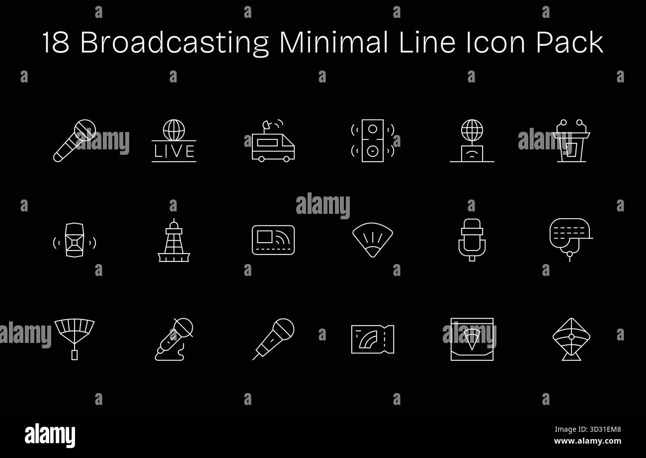 Pack vectoriel avec 18 icônes de ligne minimale inspirées par la radiodiffusion, idéal pour le travail de conception évolutif et créatif. Illustration de Vecteur