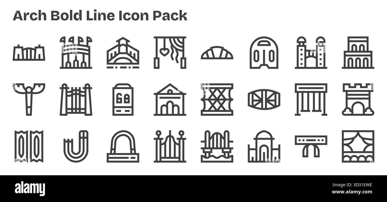 Découvrez un ensemble de 24 icônes Bold Outline conçues pour le thème Arch, idéales pour les projets UI/UX modernes. Illustration de Vecteur