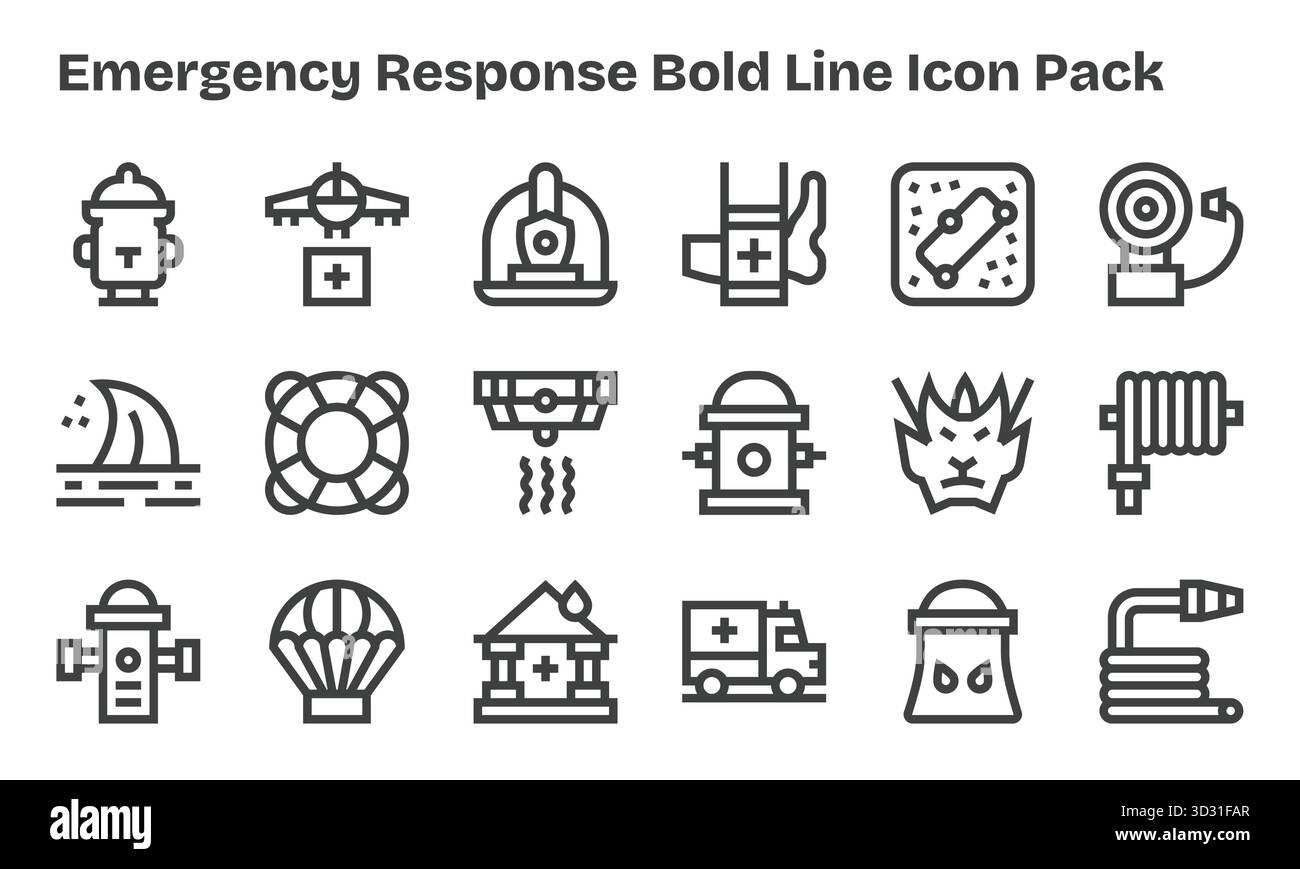 Pack Vector avec 18 icônes Bold Line inspirées par Emergency Response, idéal pour le travail de conception évolutif et créatif. Illustration de Vecteur