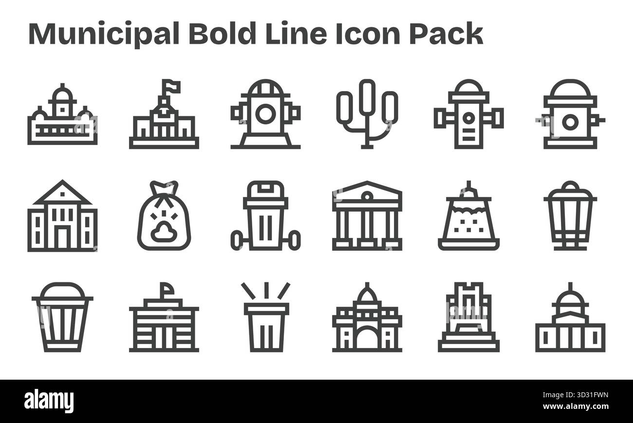 Collection de 18 icônes vectorielles Bold Line-style pour Municipal, conçues pour la clarté et la polyvalence. Illustration de Vecteur