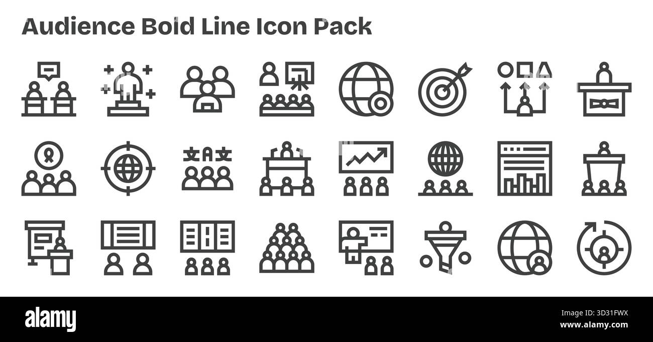 Cette collection comprend 24 icônes de style Bold Outline adaptées au thème du public, idéales pour la conception numérique. Illustration de Vecteur