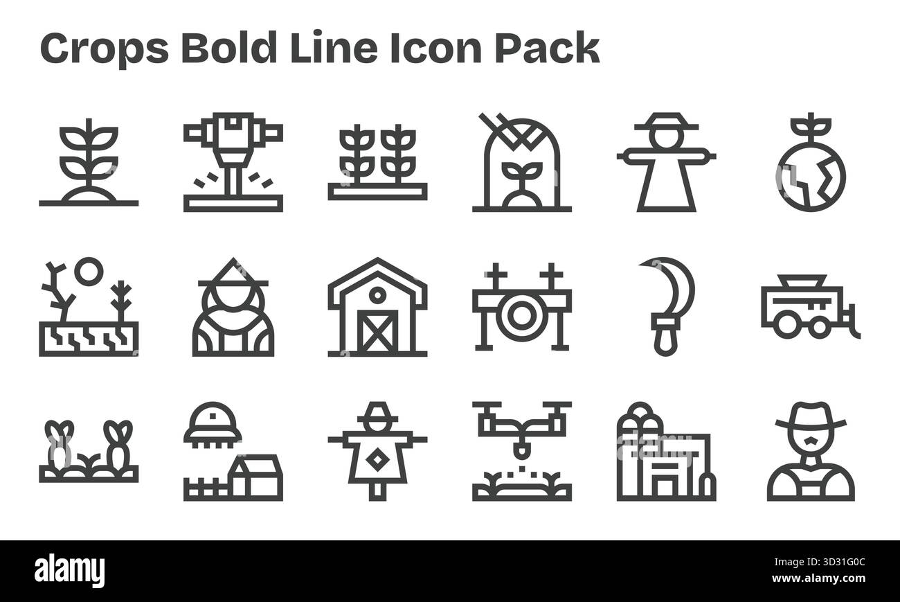 Cet ensemble de 18 icônes Bold Line capture des thèmes de cultures, parfaits pour les applications technologiques et commerciales. Illustration de Vecteur