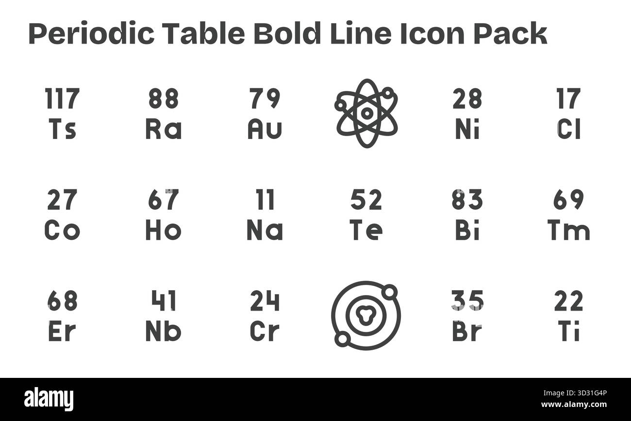 Télécharger 18 icônes Bold Line évolutives conçues pour le tableau périodique, adaptées aux projets professionnels et créatifs. Illustration de Vecteur