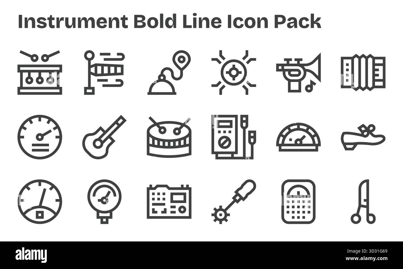 Une collection épurée de 18 icônes Bold Line représentant instrument, conçu pour les tableaux de bord et les interfaces modernes. Illustration de Vecteur