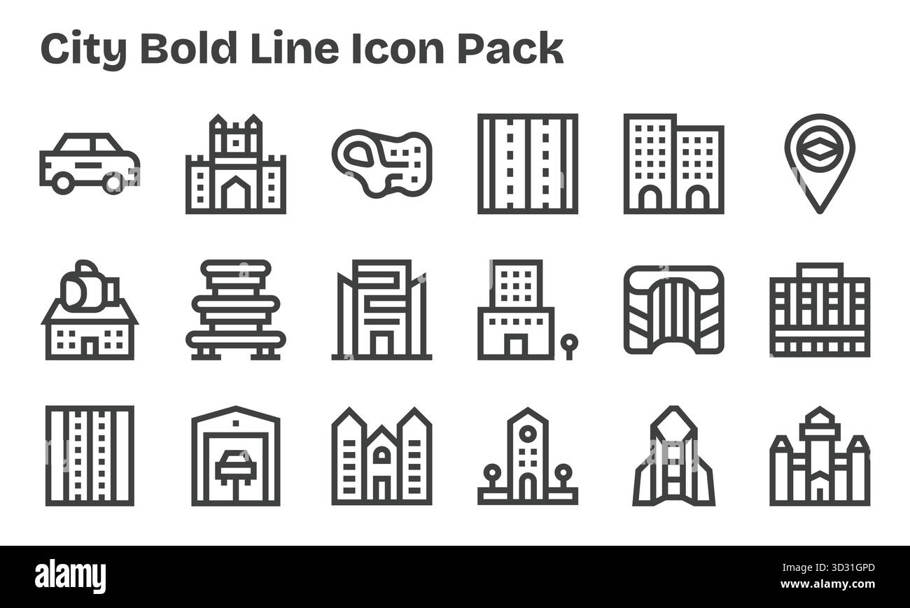 Télécharger 18 icônes Bold Line évolutives conçues pour City, adaptées aux projets professionnels et créatifs. Illustration de Vecteur