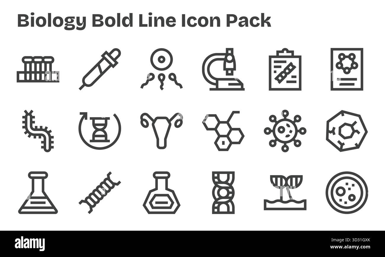 Pack vectoriel avec 18 icônes Bold Line inspirées par la biologie, idéal pour le travail de conception évolutif et créatif. Illustration de Vecteur
