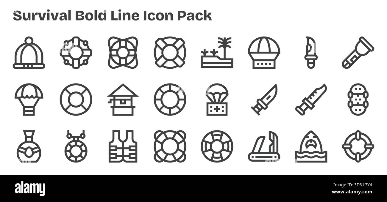 Découvrez un ensemble de 24 icônes Bold Outline conçues pour le thème Survival, idéales pour les projets UI/UX modernes. Illustration de Vecteur
