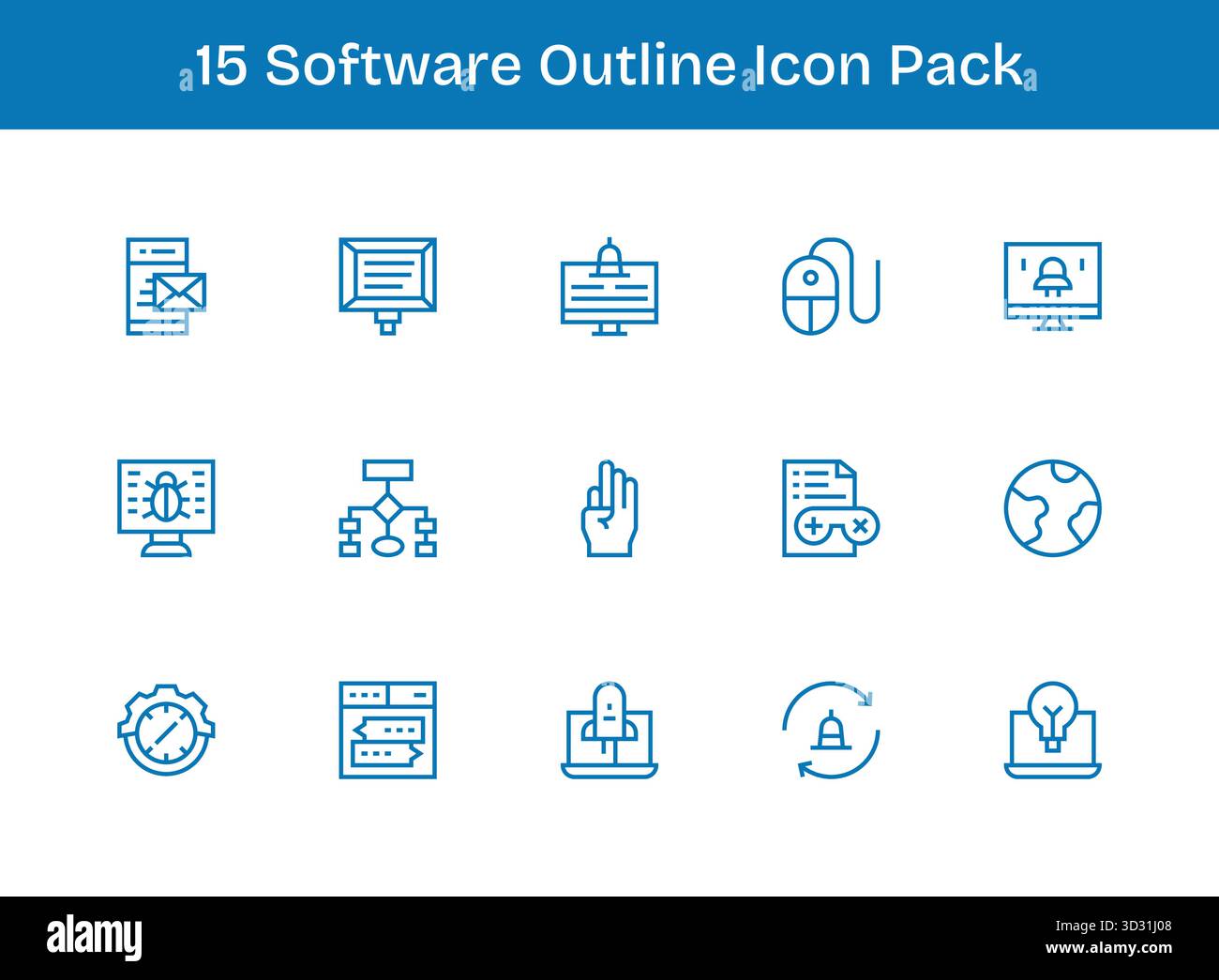 Collection de 15 icônes vectorielles de style Outline pour le logiciel, conçu pour la clarté et la polyvalence. Illustration de Vecteur
