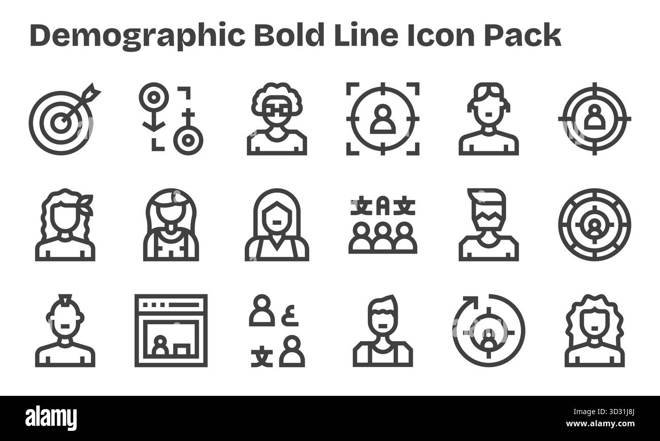 Collection de 18 icônes vectorielles Bold Line-style pour démographique, conçues pour la clarté et la polyvalence. Illustration de Vecteur