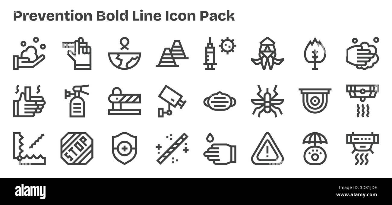 Ensemble de 24 icônes de style gras sur le thème de la prévention, conçu pour une intégration transparente dans les applications et les sites Web. Illustration de Vecteur