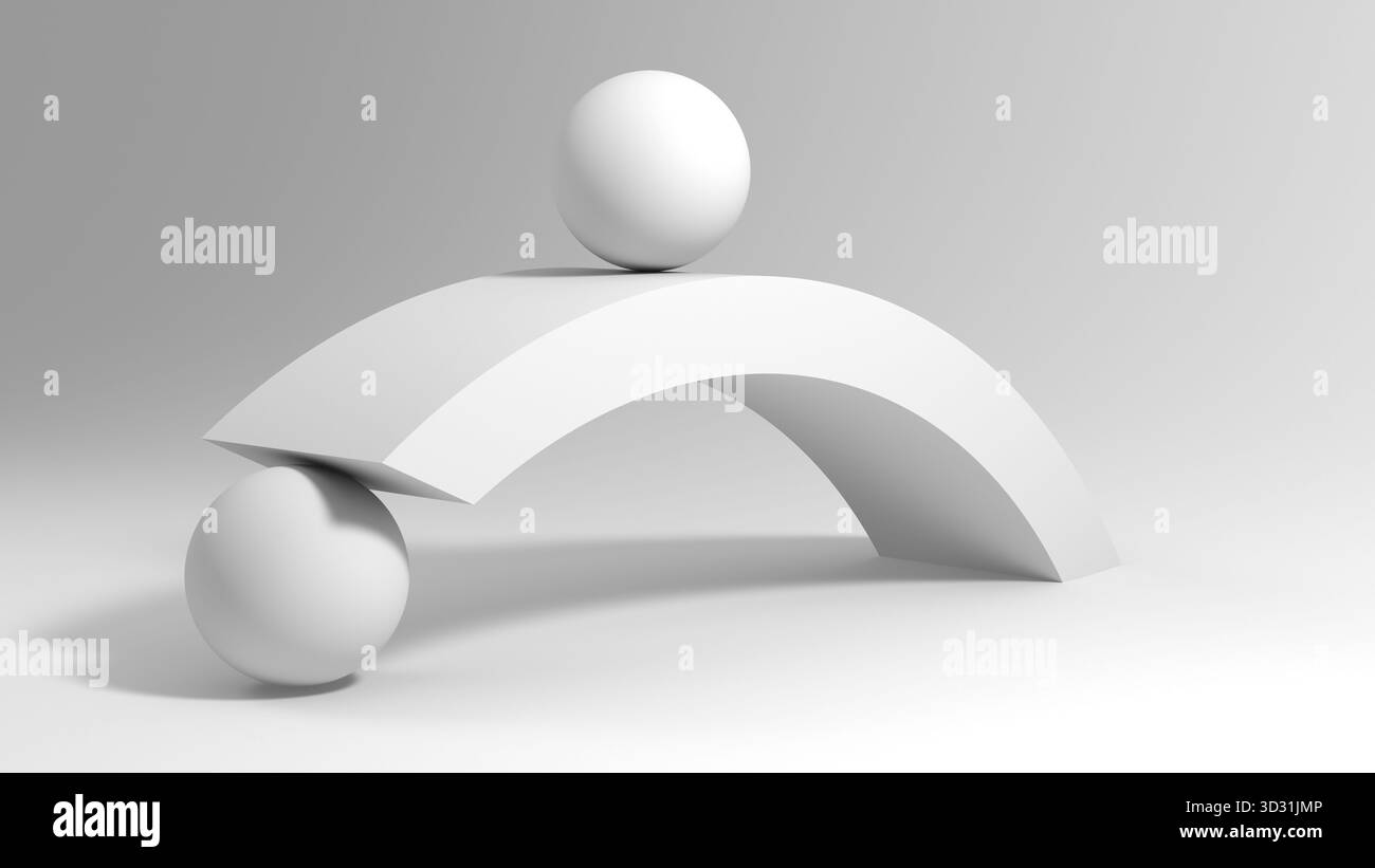 Une sculpture épurée, blanche et abstraite présente une arche courbée et deux sphères, véhiculant équilibre et harmonie. Idéal pour le design moderne, l'architecture, et c Banque D'Images