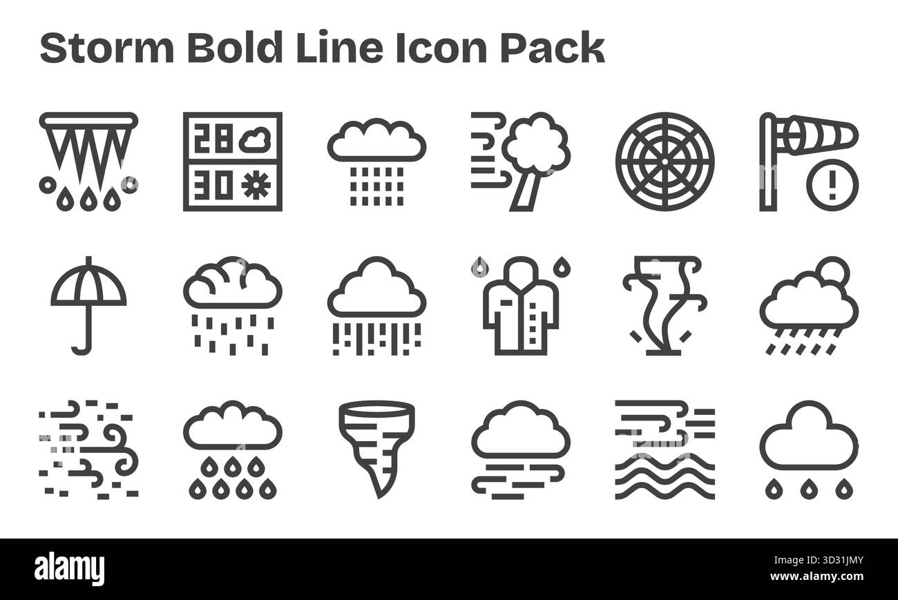 Un ensemble polyvalent de 18 icônes vectorielles Bold Line axées sur Storm, idéal pour les applications mobiles et Web. Illustration de Vecteur