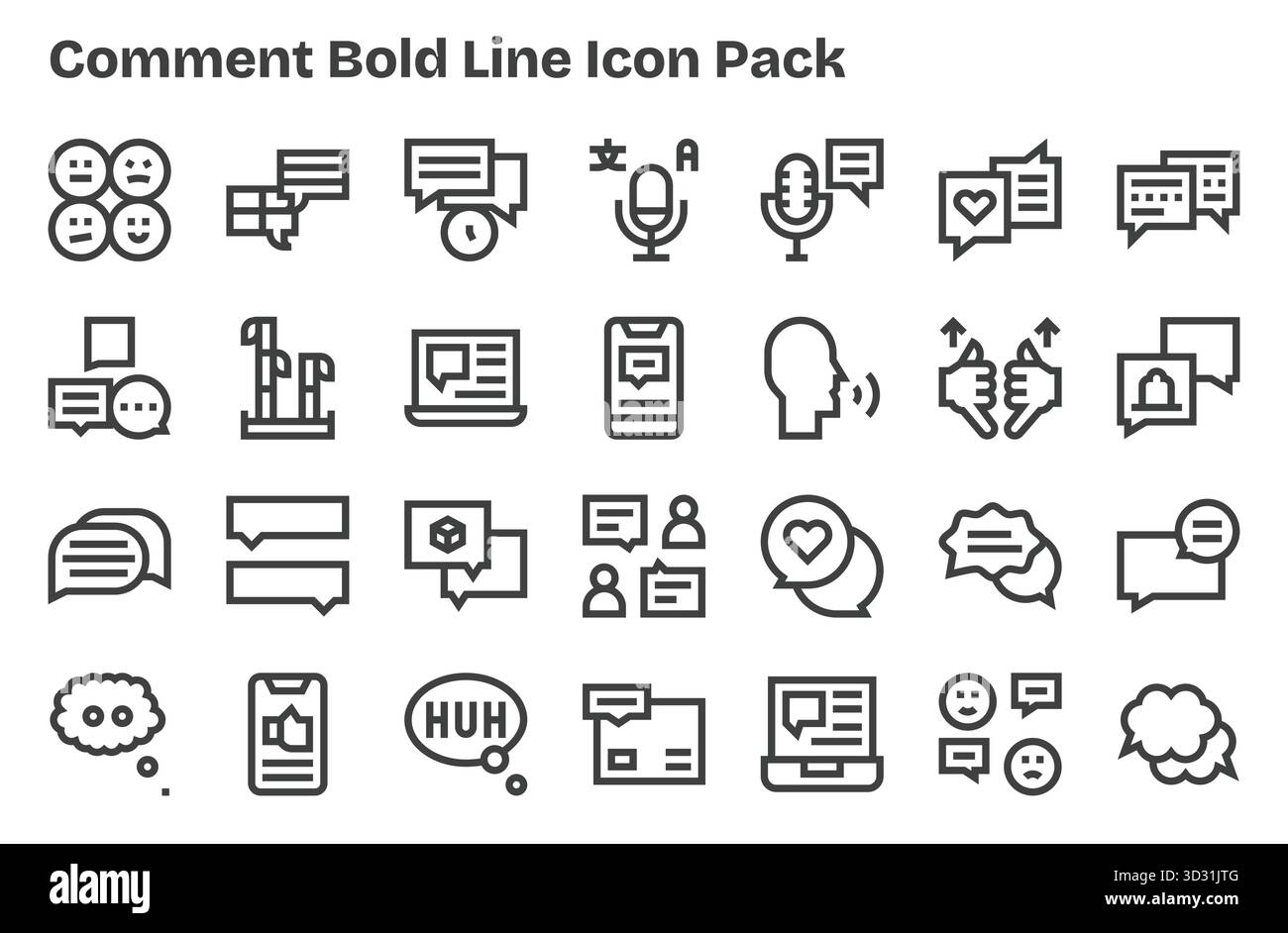 Améliorez vos projets avec 28 icônes Extra Bold Line sur le thème du commentaire, idéal pour les conceptions propres et professionnelles. Illustration de Vecteur
